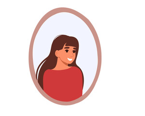 Reflection in the mirror of a happy woman. Flat vector illustration