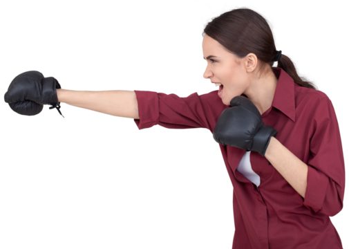 Portrait of young cute woman with black boxing gloves isolated on white background