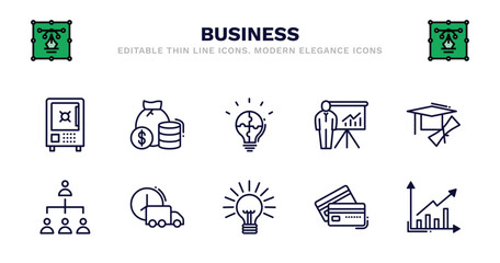 set of business thin line icons. business outline icons such as finance, strategic, graphic panel and man, graduation ceremony, hierarchy structure, hierarchy structure, logistic, round light bulb,