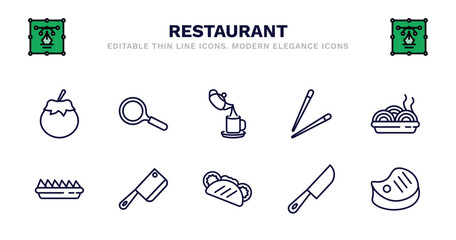 set of restaurant thin line icons. restaurant outline icons such as frying pan from top, pouring coffe, chopsticks, plate of spaghetti, nachos plate, nachos plate, butcher knife, pita bread, big