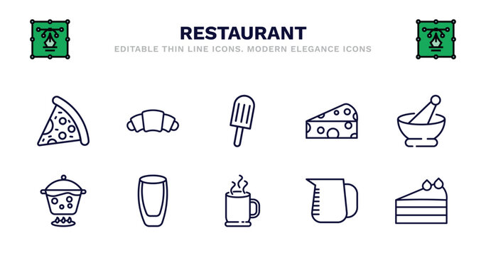 set of restaurant thin line icons. restaurant outline icons such as bakery croissant, ice pop, piece of cheese, mortar with e, boiling water pan, boiling water pan, wide glass, hot mug, measurement