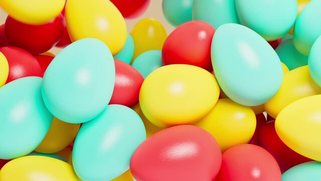 Colorful Easter Eggs fall down and fill up the screen. 3d render animation