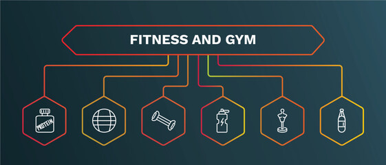 set of fitness and gym white thin line icons. fitness and gym outline icons with infographic template. linear icons such as power ball, chest expanders, fitness drink, boxing mannequin, boxing bag