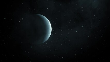 Moon on outer space, dark scientific motion graphics shot. A futuristic 3D render concept, with flares, space clouds and stars, ideal for science shows or documentaries