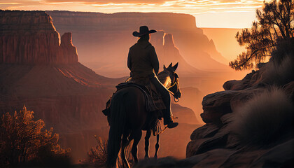 Fototapeta na wymiar cowboy on the horse in grand canyon, ai based