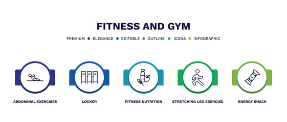set of fitness and gym thin line icons. fitness and gym outline icons with infographic template. linear icons such as abdominal exercises, locker, fitness nutrition, stretching leg exercise, energy