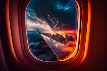 View from the window of an airplane during turbulent thunderstorm storm outside, lightning strikes on the wing. Generative AI.