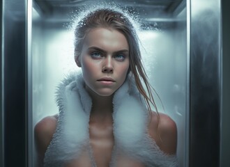 Portrait of a woman athlete in cryotherapy chamber. Cold therapy for reducing inflammation and pain injury. Generative AI.