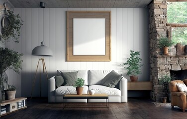 Mockup image: A painting frame in a rustic living room, ai generated	