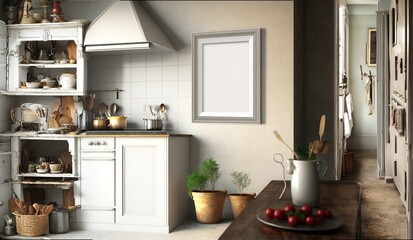 Fototapeta na wymiar Mockup image: A large picture frame in a vintage kitchen with dayling, ai generated