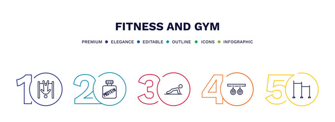 set of fitness and gym thin line icons. fitness and gym outline icons with infographic template. linear icons such as exercise hang bar, protein, pushups exercises, gymnastic rings, horizontal bar