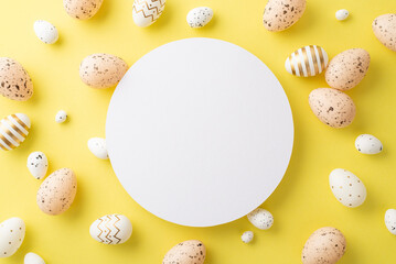Fototapeta na wymiar Easter concept. Top view photo of white empty circle light pink white and gold eggs on isolated yellow background with copyspace