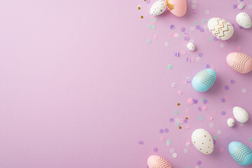 Easter celebration concept. Top view photo of pink blue white easter eggs and confetti on isolated lilac background with copyspace