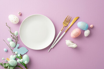 Easter decorations concept. Top view photo of empty plate cutlery fork knife floral decor pink...