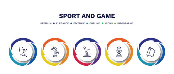 set of sport and game thin line icons. sport and game outline icons with infographic template. linear icons such as slalom, excersice, jet surfing, world cup, foil vector.