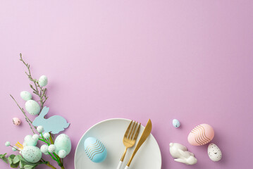 Easter concept. Top view photo of plate cutlery bouquet with easter eggs and ceramic bunny on isolated lilac background with copyspace