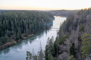 Scandinavian Wilderness View over Gota alv river from Kopparklinten view point in Trollhattan, Sweden