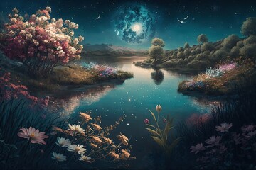 Concept of mindfulness. Idyllic wild garden with lake and stars in the skies. Violet accents and flowers.