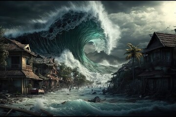 tsunami in Indonesia natural disaster. Generative ai. - obrazy, fototapety, plakaty