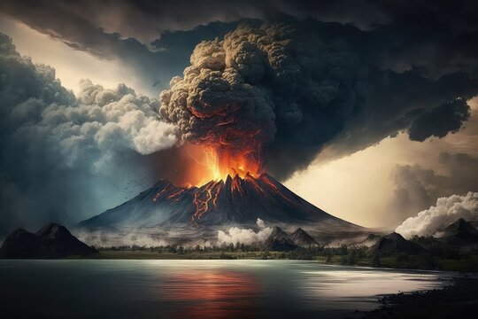 volcanic eruption in Indonesia natural disaster. Generative ai.