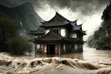 flood in China, natural disaster. Generative ai.