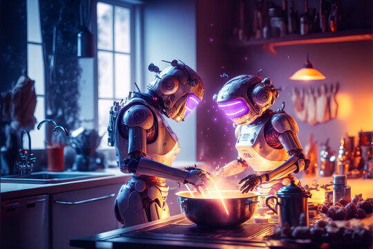 Couple of robots sharing an intimate moment in a kitchen. Scene representing the hope for the future world combining gastronomy, love and artificial intelligence. Generative AI