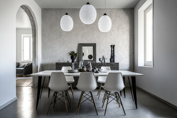Dining room in light gray colors. Illustration AI Generative