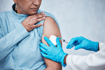 Covid, vaccine and medical with arm of woman for virus, prevention and treatment. Consulting,...