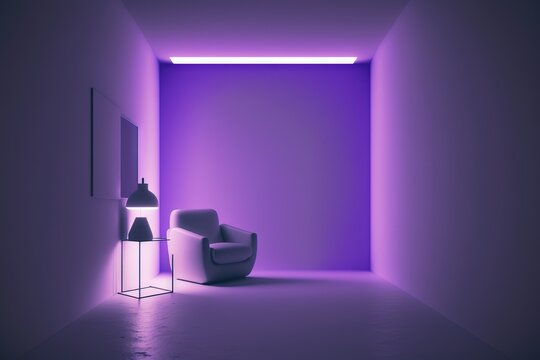 Powerful meditation: Minimalistic, cozy comfortable space for meditation with empty walls and violet light. Mindfulness.