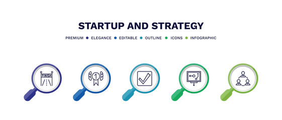 set of startup and strategy thin line icons. startup and strategy outline icons with infographic template. linear icons such as finish line, gold medal, validate, strategy sketch, team vector.