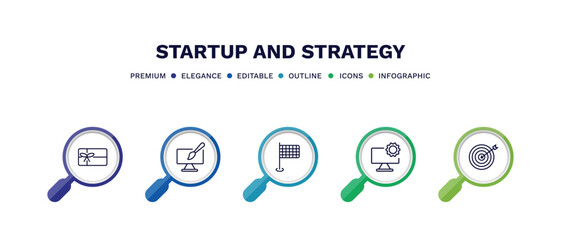 set of startup and strategy thin line icons. startup and strategy outline icons with infographic template. linear icons such as gift voucher, web de, finish flag, web development, mission vector.