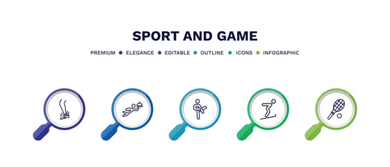 set of sport and game thin line icons. sport and game outline icons with infographic template. linear icons such as sprained ankle, waiter falling, pencak silat, jumping ski, squash vector.
