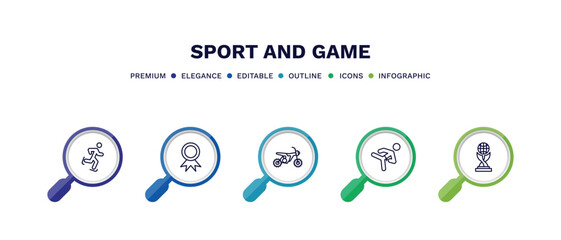 set of sport and game thin line icons. sport and game outline icons with infographic template. linear icons such as ice skating, golden medal, motocross, karate fighter, world cup vector.