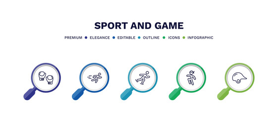 set of sport and game thin line icons. sport and game outline icons with infographic template. linear icons such as boxing glove, man sprinting, skating, wushu, baseball helmet vector.