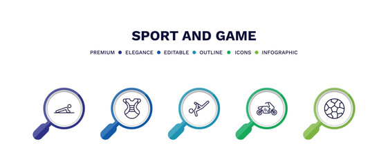set of sport and game thin line icons. sport and game outline icons with infographic template. linear icons such as man doing pushups, chest guard, capoeira, race bike, soccer football ball vector.