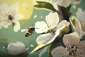Apple blossoms have white petals that are pollinated by a flying bee each spring. An unfocused landscape in the background. Generative AI