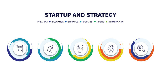 set of startup and strategy thin line icons. startup and strategy outline icons with infographic template. linear icons such as finish line, jigsaw, strategical planning, first, resources vector.