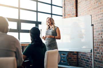 Having one last meeting before her maternity leave. Shot of a pregnant businesswoman giving a presentation in the boardroom.