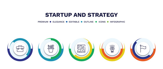 set of startup and strategy thin line icons. startup and strategy outline icons with infographic template. linear icons such as experience, stationery, strategy in a labyrinth, entrepreneur, success