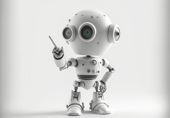 Naklejka premium An ultra-modern white robot on a white background pointing at something. A stylish and effective image to create a powerful and realistic visual impact. Generative AI
