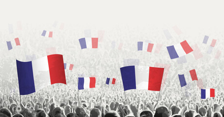 Fototapeta na wymiar Abstract crowd with flag of France. Peoples protest, revolution, strike and demonstration with flag of France.