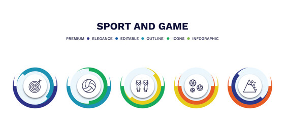 set of sport and game thin line icons. sport and game outline icons with infographic template. linear icons such as dartboard with dart, volleyball ball, shin guards, balls, snow slide zone vector.