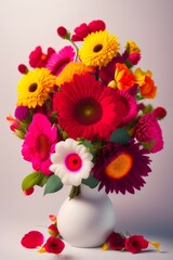 Summer still life.A bouquet of flowers of red,yellow and pink tones on a white background - generative ai