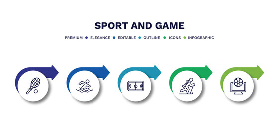 set of sport and game thin line icons. sport and game outline icons with infographic template. linear icons such as squash, swimming figure, basketball court, biathlon, football channel vector.