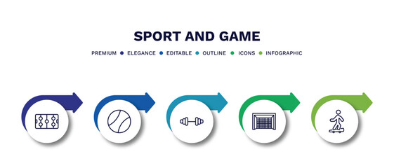 set of sport and game thin line icons. sport and game outline icons with infographic template. linear icons such as hockey arena, tennis sport ball, gym weight, hockey goal, boy with skatingboard