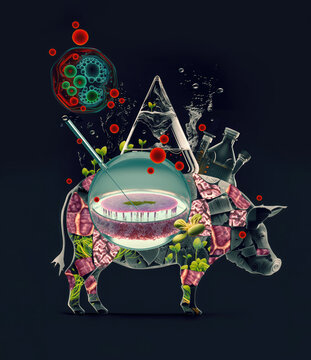 Pig silhouette, artificial meat, pork vat grown from precursor cells. Clean, lab grown meat. Concept collage created with AI generative elements.