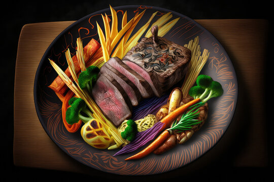 African graphical woodcarving Shape of Lamb Fillet with Pichelsteiner Stew, colorful, Generative AI