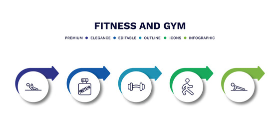 set of fitness and gym thin line icons. fitness and gym outline icons with infographic template. linear icons such as abdominal exercises, protein, barbell weightlifting, stretching leg exercise,