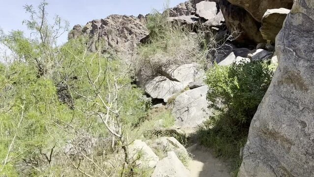 Following shot walking along a rocky desert canyon trail