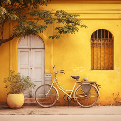 Fototapeta na wymiar white Vintage bike park near rustic yellow old wall